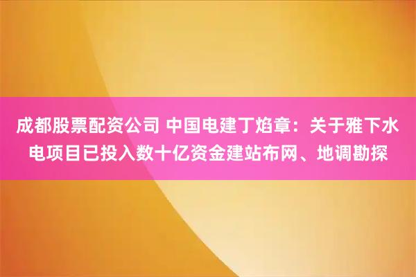 成都股票配资公司 中国电建丁焰章：关于雅下水电项目已投入数十亿资金建站布网、地调勘探